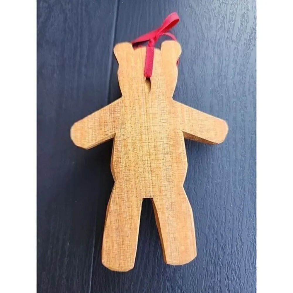 Quality Carved Wooden‎ Teddy Bear Christmas Ornament Red Ribbon